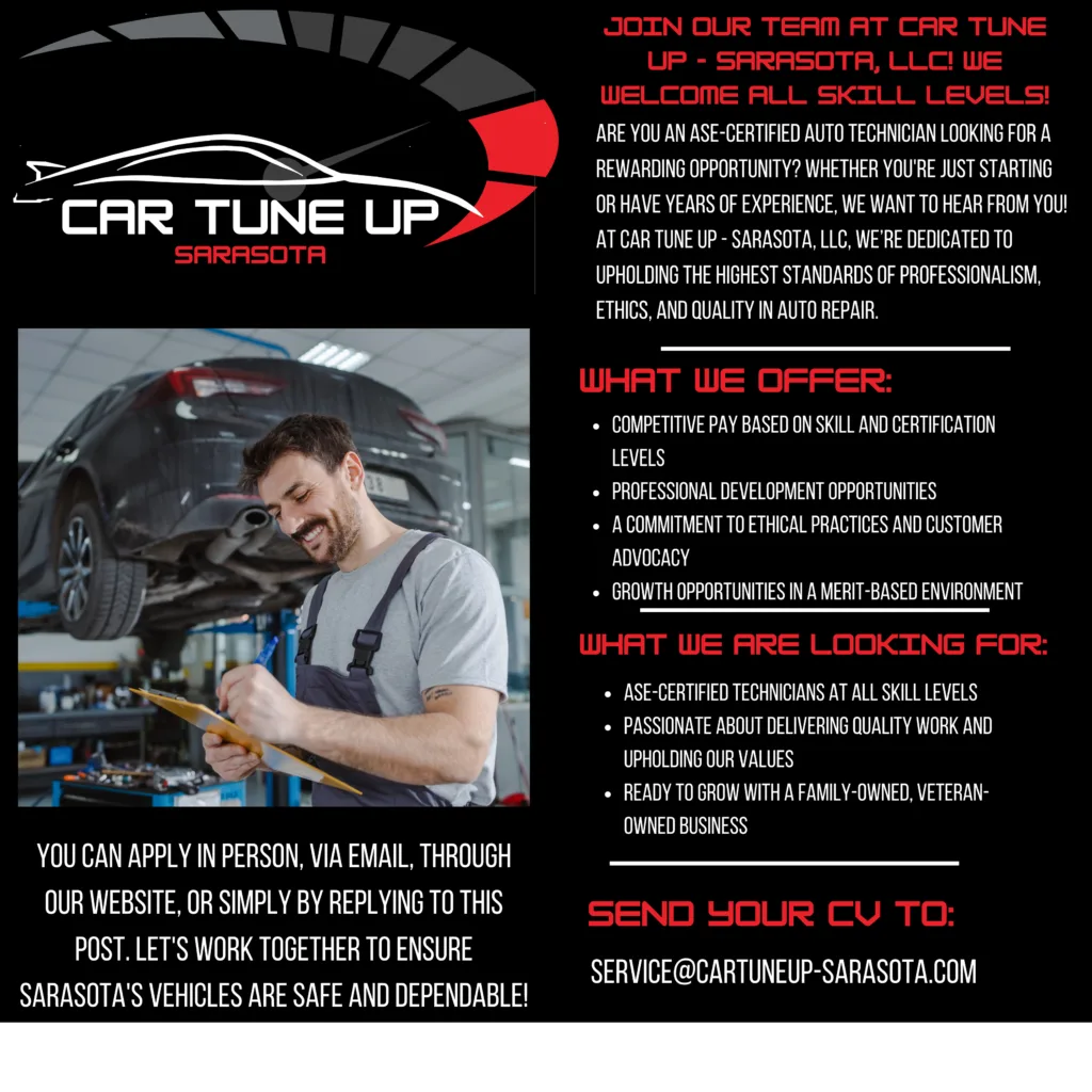 Affordable car repair near me in Sarasota offering engine performance services and tune-ups. Join are team. Job mechanic. auto tech job.