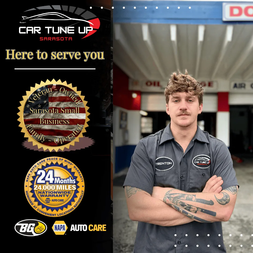 Mechanic at small family-owned auto repair shop in Sarasota working on a car with care and attention to detail