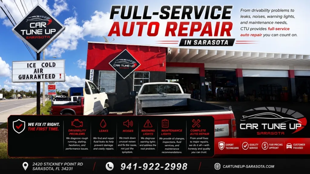 Full-service auto repair shop in Sarasota FL at Car Tune Up Sarasota featuring the live storefront service bays and automotive repair facility