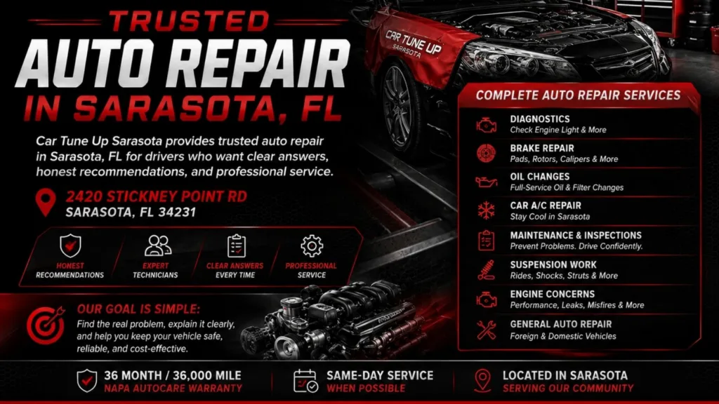 Trusted auto repair in Sarasota FL at Car Tune Up Sarasota offering diagnostics brake repair oil changes AC repair maintenance inspections suspension work and general auto repair