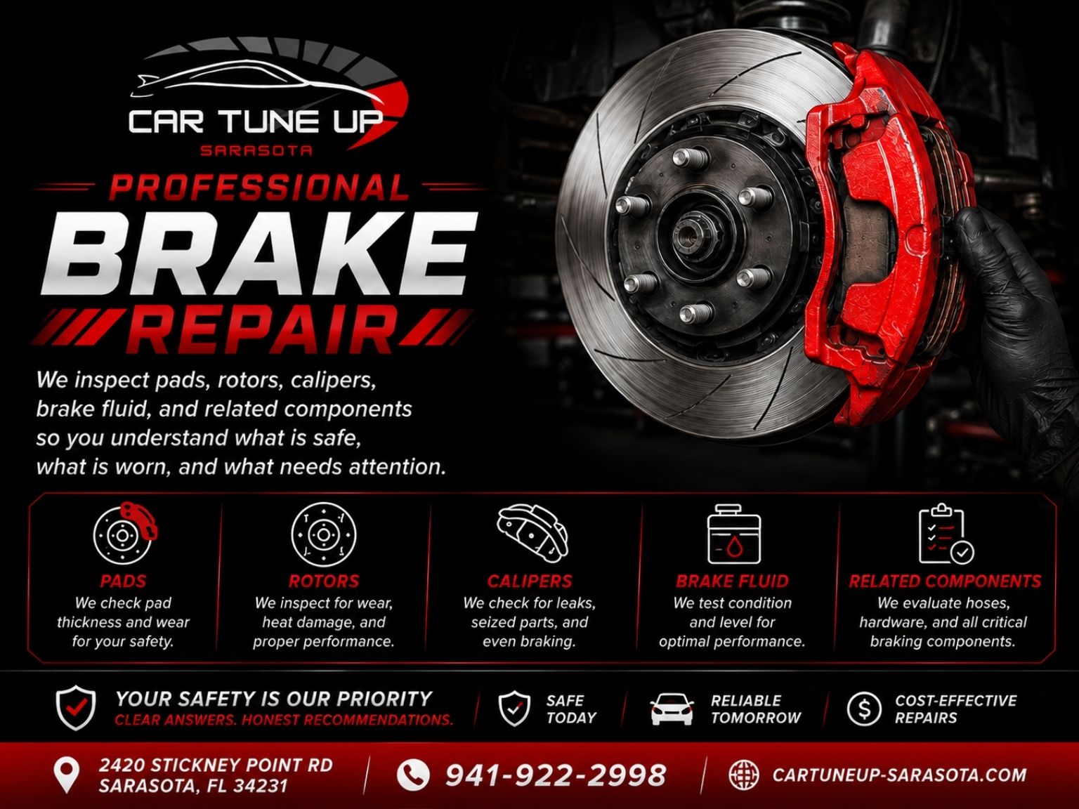 Professional brake repair in Sarasota FL at Car Tune Up Sarasota inspecting brake pads rotors calipers brake fluid and related braking components