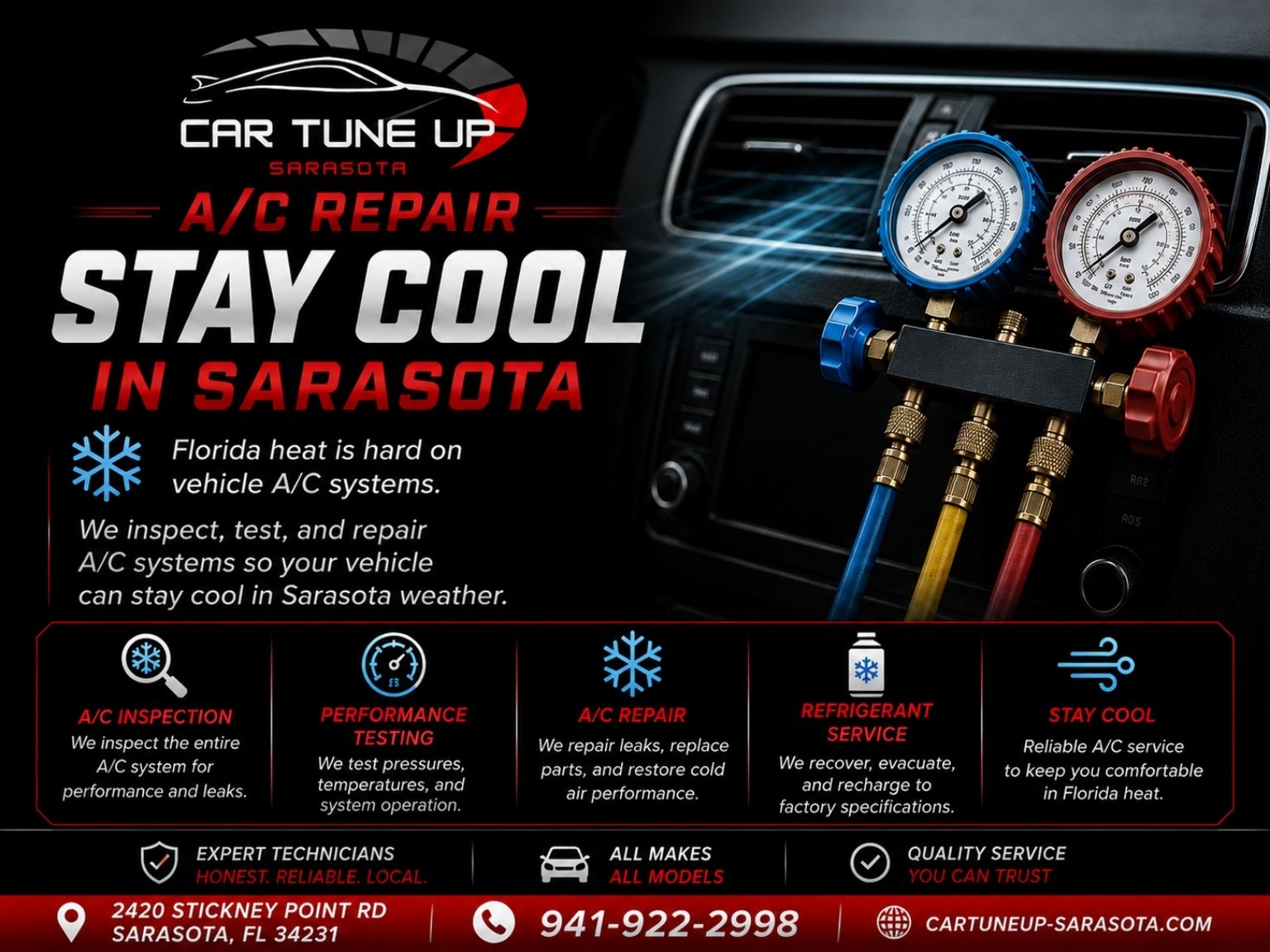 Car AC repair in Sarasota FL at Car Tune Up Sarasota inspecting testing and repairing vehicle air conditioning systems for Florida heat