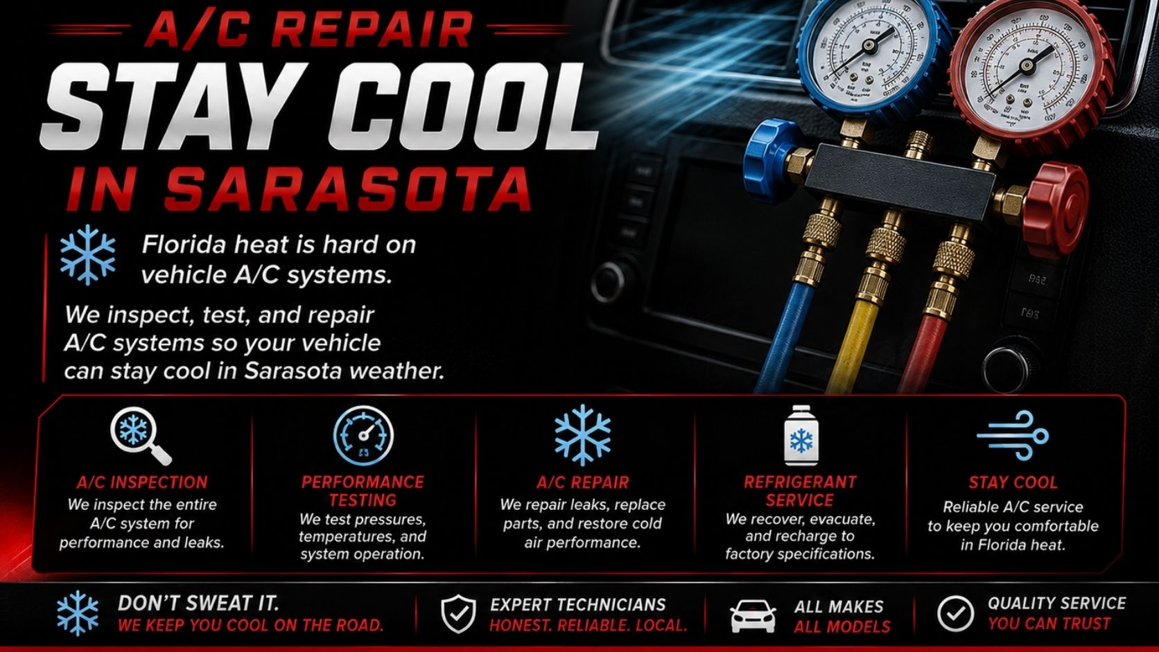 Car AC repair in Sarasota FL at Car Tune Up Sarasota inspecting testing and repairing vehicle air conditioning systems for Florida heat