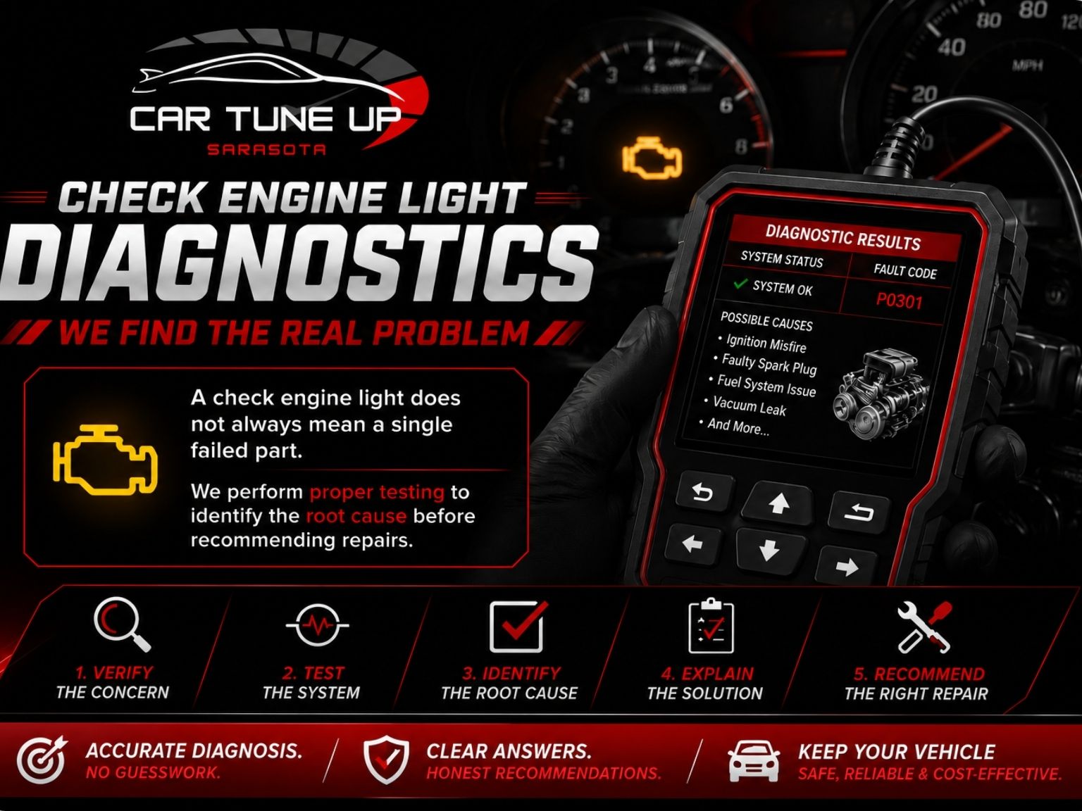 Check engine light diagnostics in Sarasota FL at Car Tune Up Sarasota using proper testing to identify the root cause before recommending repairs