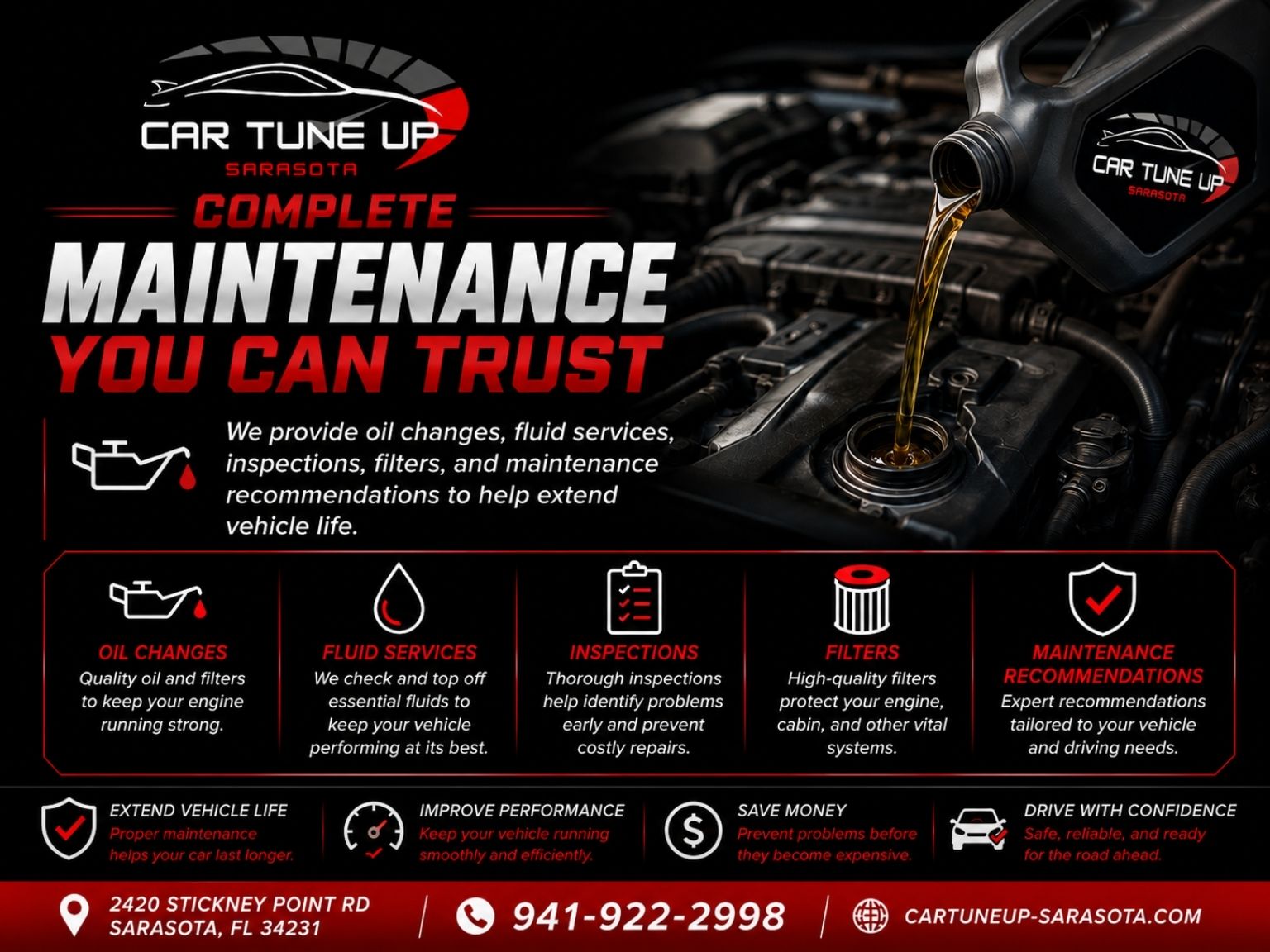 Oil change and vehicle maintenance service in Sarasota FL at Car Tune Up Sarasota including fluid services inspections filters and maintenance recommendations
