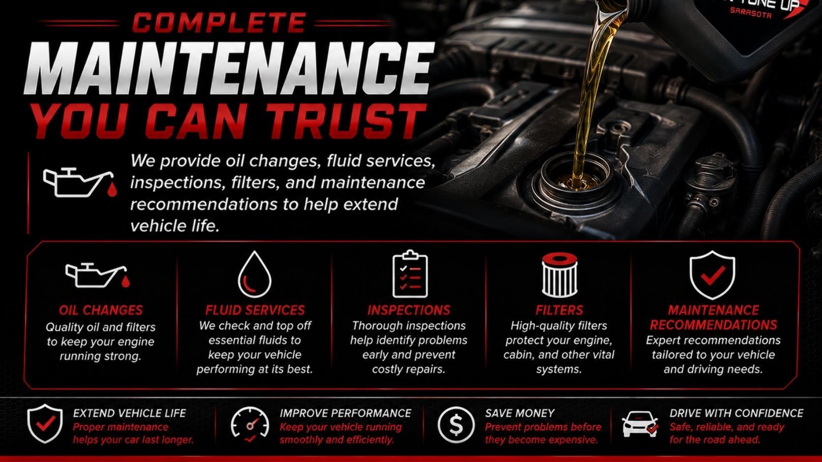 Oil change and vehicle maintenance service in Sarasota FL at Car Tune Up Sarasota including fluid services inspections filters and maintenance recommendations