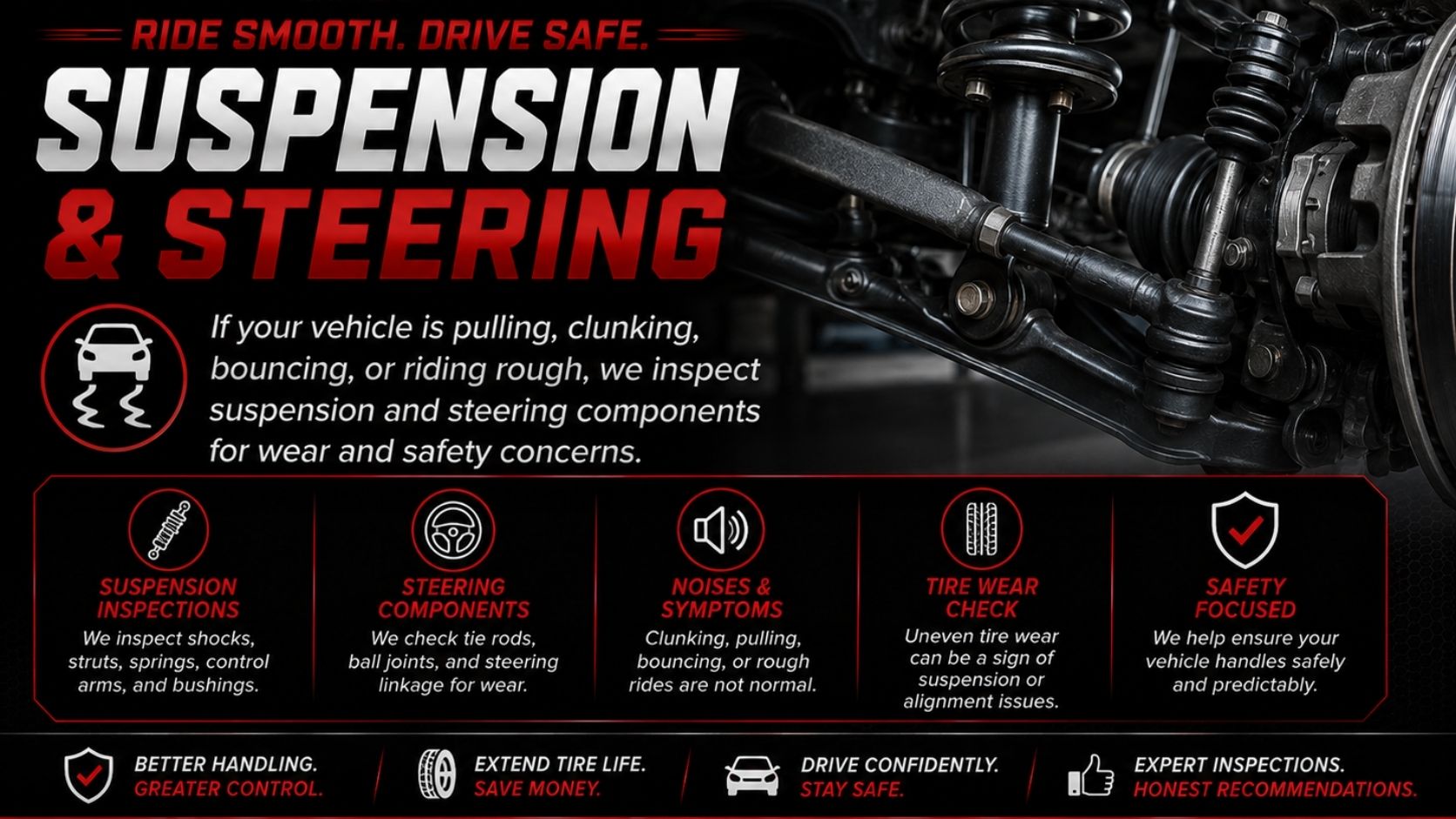 Suspension and steering repair in Sarasota FL at Car Tune Up Sarasota inspecting shocks struts steering and suspension components for wear and safety concerns
